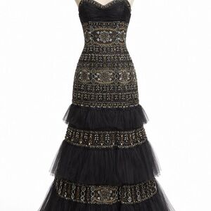 Sherry couture Black and Gold Embellished Maxi Dress prom wedding gala size 6